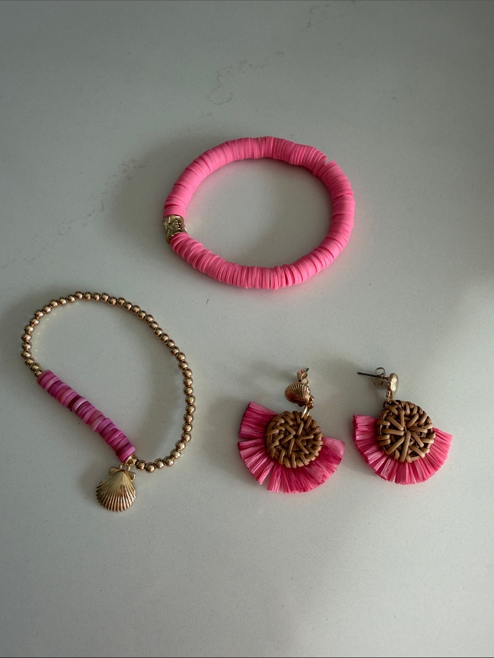 Pink Raffia Fan Drop Earrings and Bracelet Set